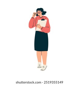 Young Woman Standing with Clipboard Engaged in Mathematics Calculation Vector Illustration