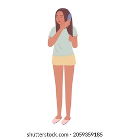 A young woman standing and combing her hair. Cute lady in shorts, vector illustration.