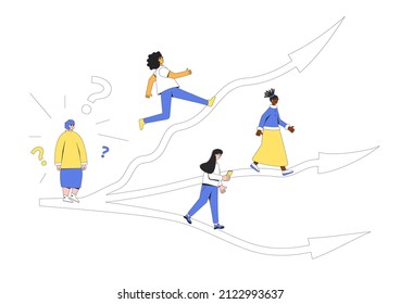 Young woman standing at crossroads. Confused person thinking about the right path. Vector illustration in line art style.
