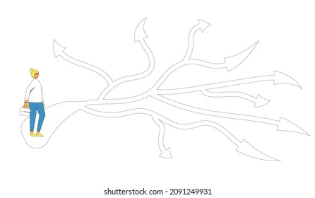 Young woman standing at crossroads. Make a decision. Confused person thinking about the right path. Vector illustration in line art style.