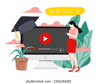 Young woman standing with desktop. Modern flat vector illustration of designer or student interesting in design trends at work desk. Educational background of people learning