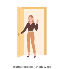 Young woman standing in doorway and holding door handle, girl smiling and waving vector illustration