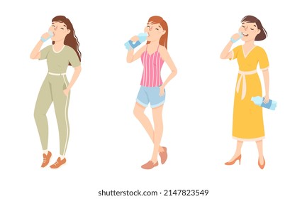 Young Woman Standing And Drinking Pure Still Water From Plastic Bottle Quenching Thirst Vector Set