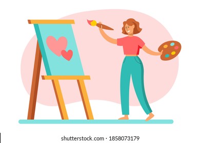 Young woman standing at an easel and painting, vector illustration in flat style.