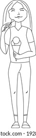 Jovem mulher em pé e tomando sorvete. Ilustração em preto e branco. Pode ser usado para colorir livro.