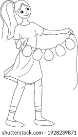 Young woman standing with festive garland of paper eggs. Black and white illustration. Can be used for coloring book.