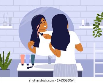 Young woman standing in front of bathroom mirror and dyeing her own hair. Cute girl making new hairstyle, painting strand of hair in pop colors. Beauty care at home vector illustration. Self isolation