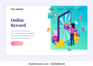 A young woman standing in front of a giant smartphone is receiving a gift box from the Online Loyalty Program. Customer reward concept. Isometric Vector Illustration