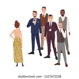 Young woman standing in front of group of men dressed in elegant clothing. Concept of girl choosing boyfriend or husband. Cartoon characters isolated on white background. Flat vector illustration.