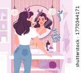 Young woman standing in front of a mirror applies makeup in bathroom. Flat cartoon vector illustration. Girls  daily morning routine. Modern bathroom interior with plants, shelves with care products