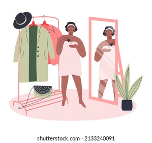 Young woman standing in front of the mirror and applying face oil or serum on her skin after the shower. Daily morning skincare routine. Vector flat illustration