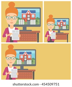 Young woman standing in front of tv screen with house photo on it and pointing at a real estate contract. Vector flat design Illustration. Square, horizontal, vertical layouts.