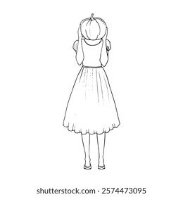 young woman standing full length holding a pumpkin for a head with both hands - hand drawn line art