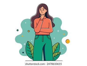 Young  woman standing  with hand on chin thinking about question, pensive expression. with thoughtful face. doubt concept. vector cartoon style  illustrator
