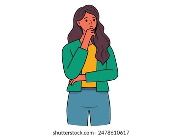 Young  woman standing  with hand on chin thinking about question, pensive expression. with thoughtful face. doubt concept. vector cartoon style  illustrator
