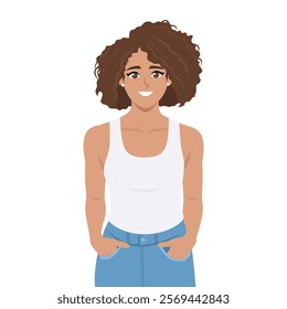 Young woman standing with hands inside pocket. Flat vector character illustration