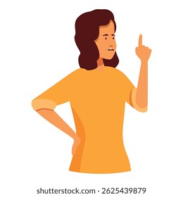 Young woman is standing with her hand on her hip and raising her index finger to make a point