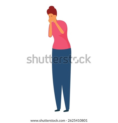Young woman is standing with her hands covering her face, conveying a sense of sadness and despair