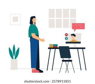 Young woman standing in her home office attending an online course using video call software, talking with her teacher, elearning and distance learning concept
