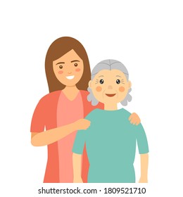 Young woman standing with her old mother. Mother’s Day concept vector illustration on white background.