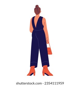 Young woman standing, hold bag in hand, back view. Girl wearing official overalls. Elegant female suit, modern formal outfit, urban style. Flat isolated vector illustration on white background