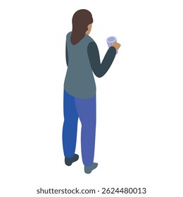 Young woman is standing and holding a coffee cup in her hand in rear view