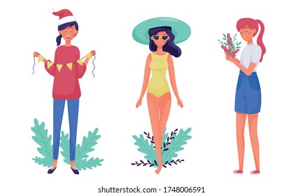 Young Woman Standing Holding Garland and Posing in Swimming Suit with Floral Twigs and Branches Behind Vector Illustration Set