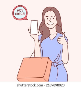 young woman standing holding a phone with a happy expression. Hand drawn style vector illustrations.