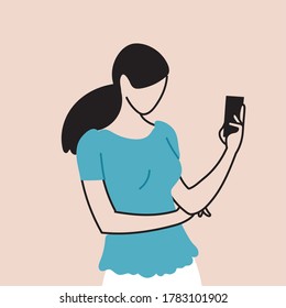 young woman standing holding a smartphone in his hand vector illustration design