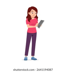 Young woman standing and holding tablet in hand with a smiling expression