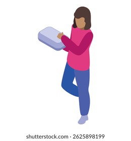 Young woman is standing and holding a virtual reality headset, ready to immerse herself in a digital world