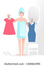 An young woman is standing  in the interior of the wardrobe room and trying on the dresses and can't doing a choice. Fashion, style and  everyday life concept. Flat vector illustration