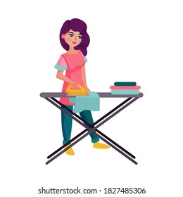 Young Woman Standing and Ironing on Board Vector Illustration