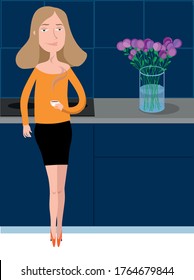 
Young woman standing in the kitchen and drinking aromatic coffee