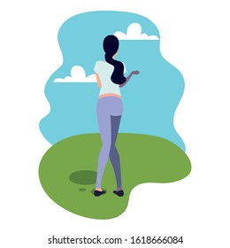young woman standing with landscape background vector illustration design