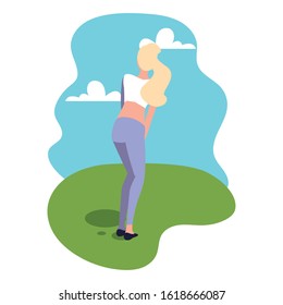 young woman standing with landscape background vector illustration design