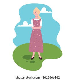 young woman standing with landscape background vector illustration design
