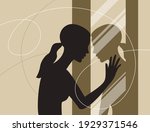 Young woman standing and looking at her reflection in a mirror. Self confidence and self awareness concept. Vector illustration