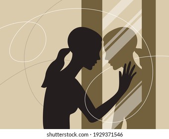 Young woman standing and looking at her reflection in a mirror. Self confidence and self awareness concept. Vector illustration