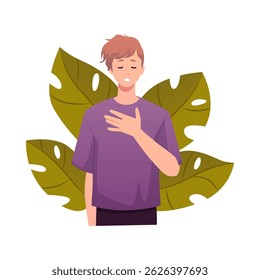 Young woman standing makes calm breathing exercise. Breathe out and in with eyes closed. Vector flat illustration isolated on white. Health care and wellbeing practice, side view