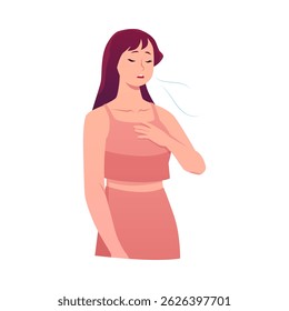 Young woman standing makes calm breathing exercise. Breathe out and in, holding chest and eyes closed. Vector flat illustration isolated on white. Health care and wellbeing practice