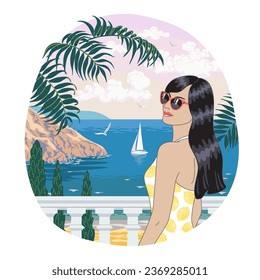 Young woman standing near balustrade. Brunette in sunglasses and summer dress enjoys the sea coast. Serenity landscape with blue water, island, cypress trees and sail boat. Vector illustration. 