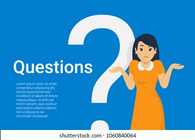 Young woman standing near big question symbol and she needs to ask help or advice via live chat, help desk or faq. Flat concept vector illustration of online support on blue background