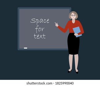 Young woman standing near the blackboard. Teacher, lecturer, reader. Flat vector illustration.
