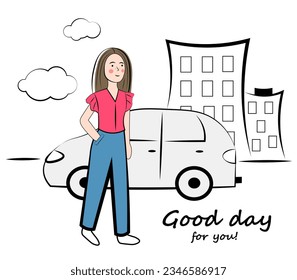 A young woman is standing near the car. Great day. Vector illustration in doodle style.