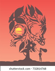 Young woman standing near flower skull silhouette at sunset. Surrealistic abstract poster. Vector illustration