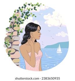 Young woman standing near old stone wall. Brunette in summer dress enjoys the sea coast. Serenity landscape with blue water, flying seagulls, island and sail boat. Vector illustration. 