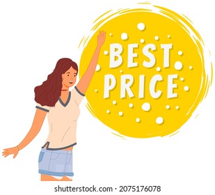 Young woman standing near promotional banner with inscription. Poster with advertisement template. Female character advertising special offer, best goods, sale in online store vector illustration