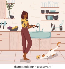 Young woman standing near sink and washing dishes in home kitchen. Daily housework, household chores, domestic lifestyle. Colored flat vector illustration of modern housewife cleaning plates