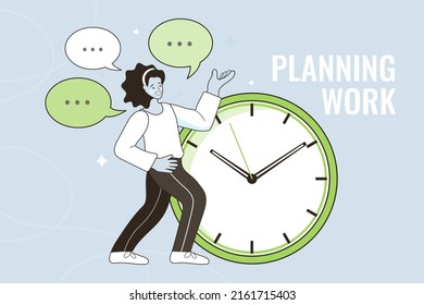 Young woman is standing near the watch leaning at it. Time management flat isometric vector outline concept. Job schedule optimization. Business Plan.